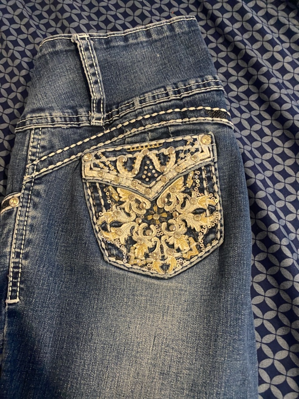 Women's Dark Blue Boot Cut Jeans with Gold Embroidered Pocket